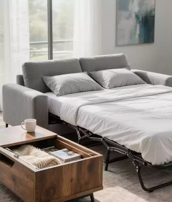 Sala de Estar Com um Sofa Cama Moderno e Uma Mesa de Centro Com Bau Mostrando Sua Funcionalidade